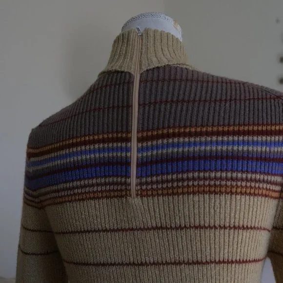 Vintage Bargello Knitted Camel Colored Striped Turtleneck Sweater Dress - Picture 7 of 11
